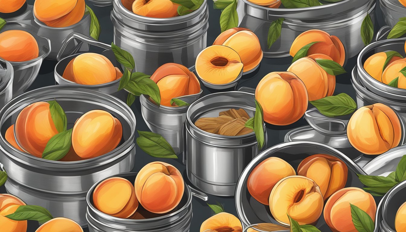 Fresh peaches being sliced and simmered in pots with sugar and spices, jars and lids ready for canning