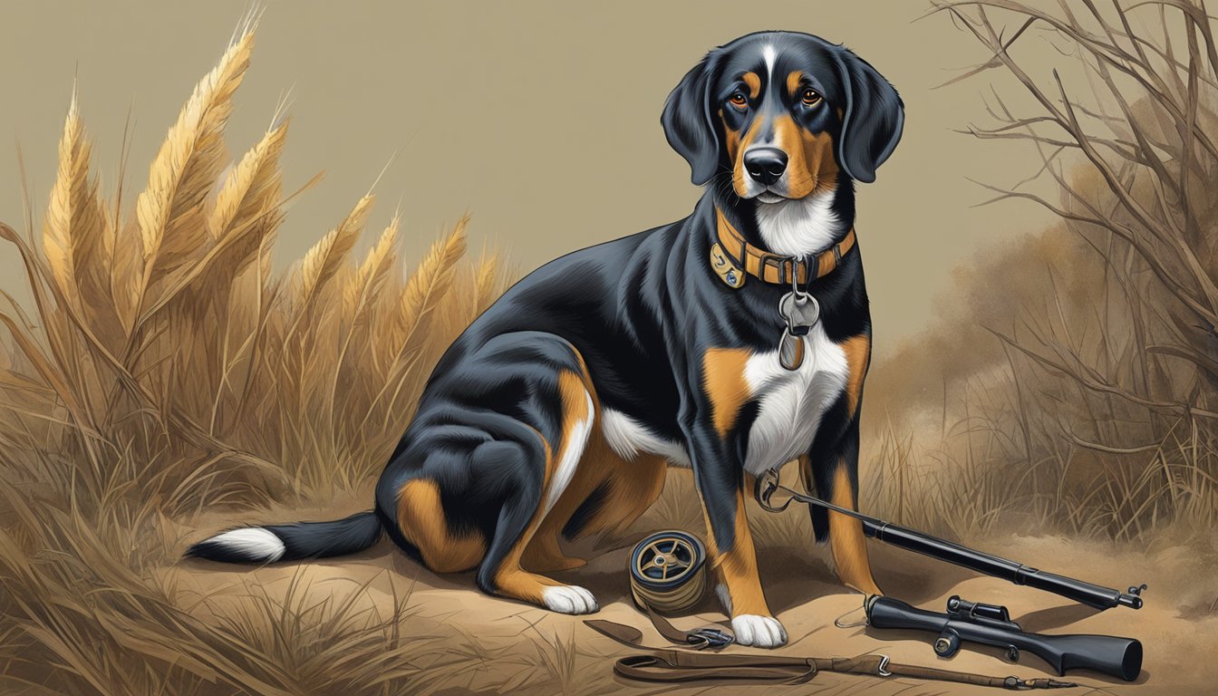 A hunting dog in Nebraska, eagerly preparing for the hunt, with a collar and leash on, standing beside a hunting rifle and gear