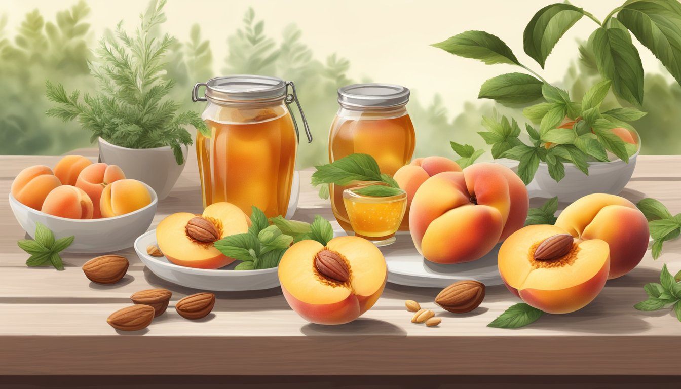 A table spread with fresh peaches, surrounded by ingredients like honey, nuts, and herbs, ready to be used in unique summer recipes