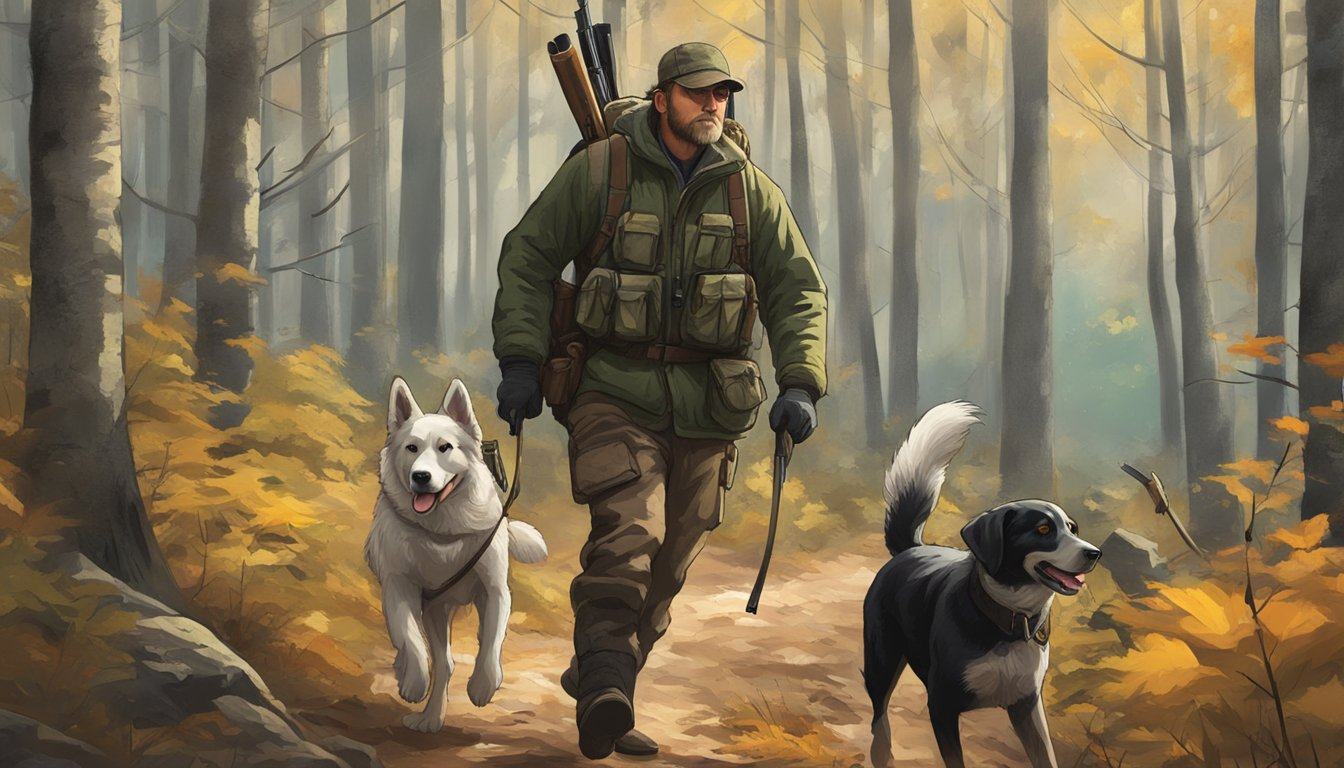 A hunter with dogs traverses a Michigan forest, following the legal framework for hunting