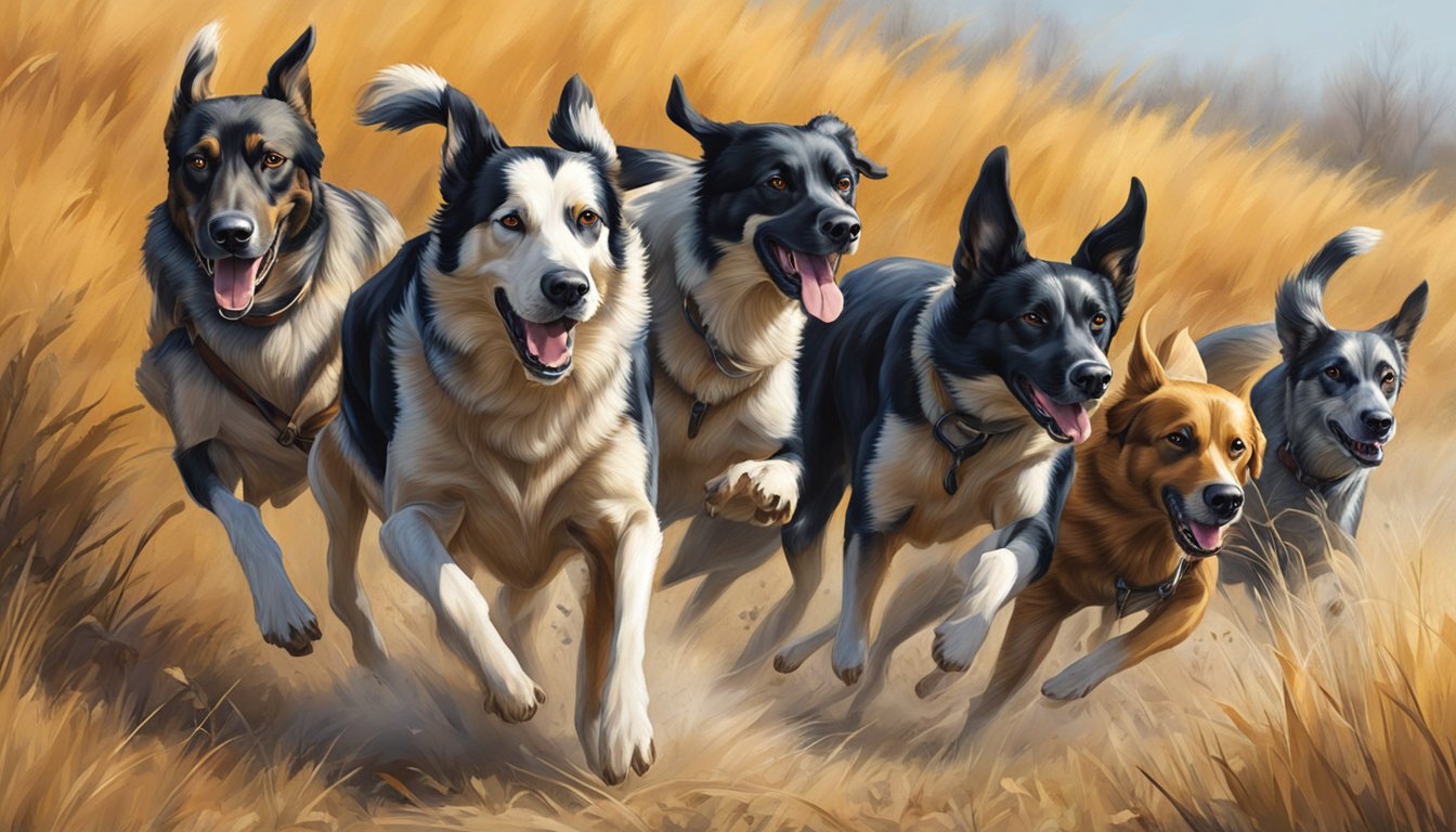 A pack of hunting dogs eagerly chasing after game in the open fields of Nebraska during hunting season