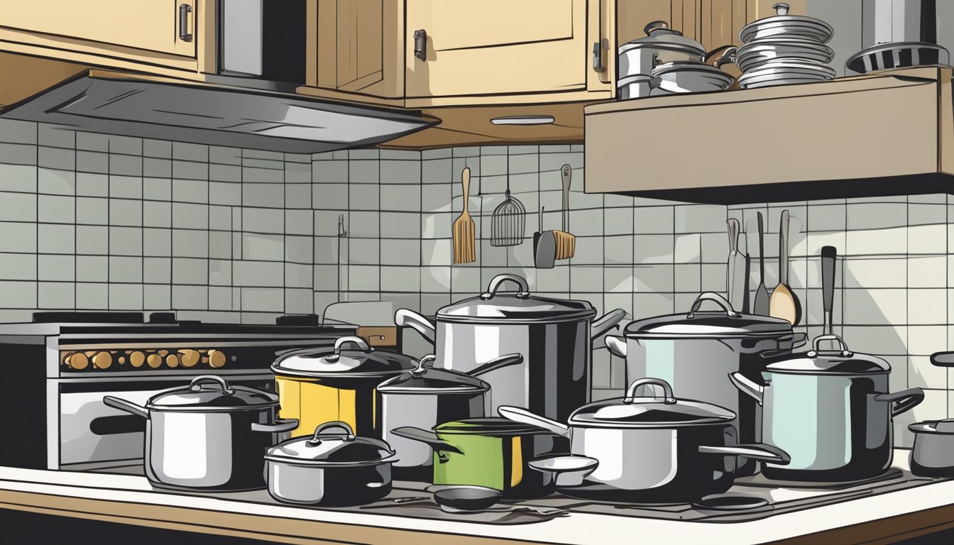 A kitchen scene with various cookware and utensils, emphasizing the presence of specific chemicals to be aware of