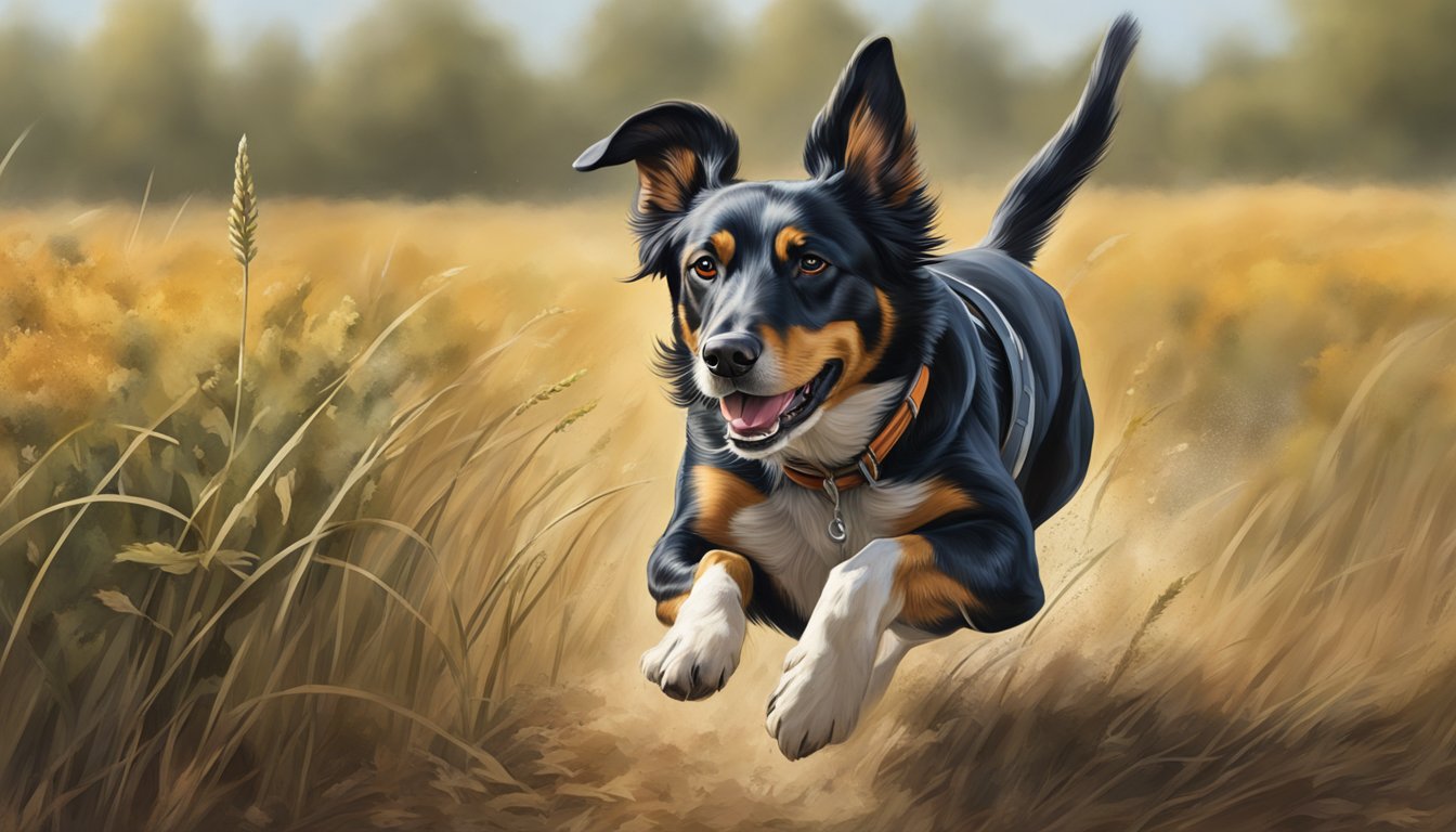 A healthy hunting dog running through a Texas field, nose to the ground, tail wagging