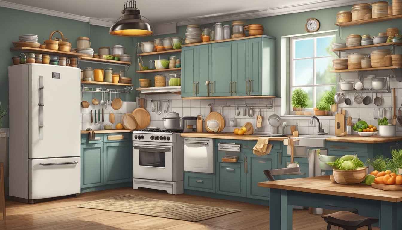 A kitchen scene with various cookware and food products, surrounded by certifications and labels