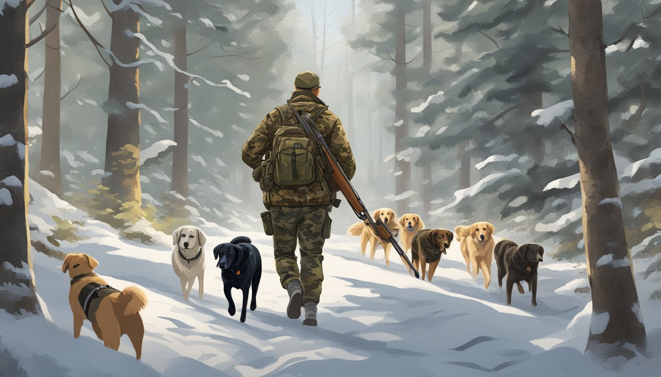 A hunter in Michigan walks through the forest with a pack of dogs, carrying a rifle and dressed in camouflage