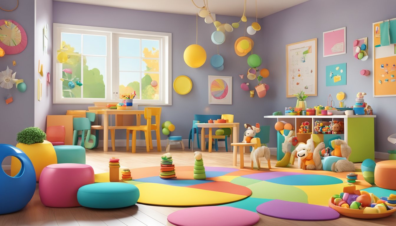 A colorful playroom with toys scattered around, a table set with snacks, and a calendar with dates circled