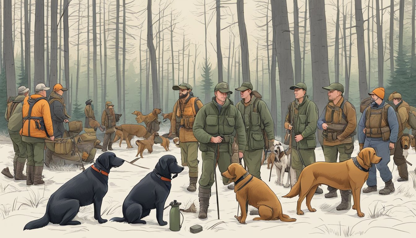 Dogs and hunters prepare for a hunting expedition in a Michigan forest, with training exercises and equipment laid out