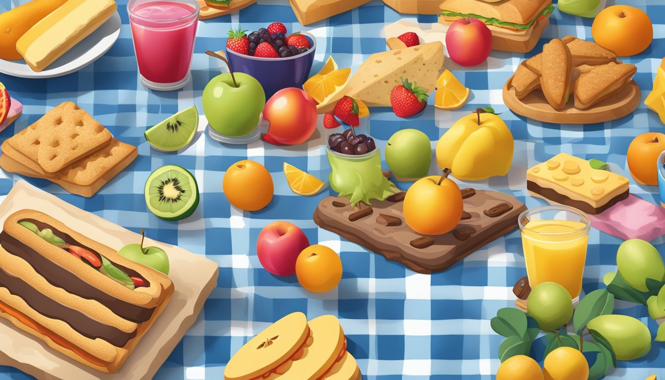 A colorful spread of fruits, sandwiches, and cookies on a picnic blanket, surrounded by playful toys and games