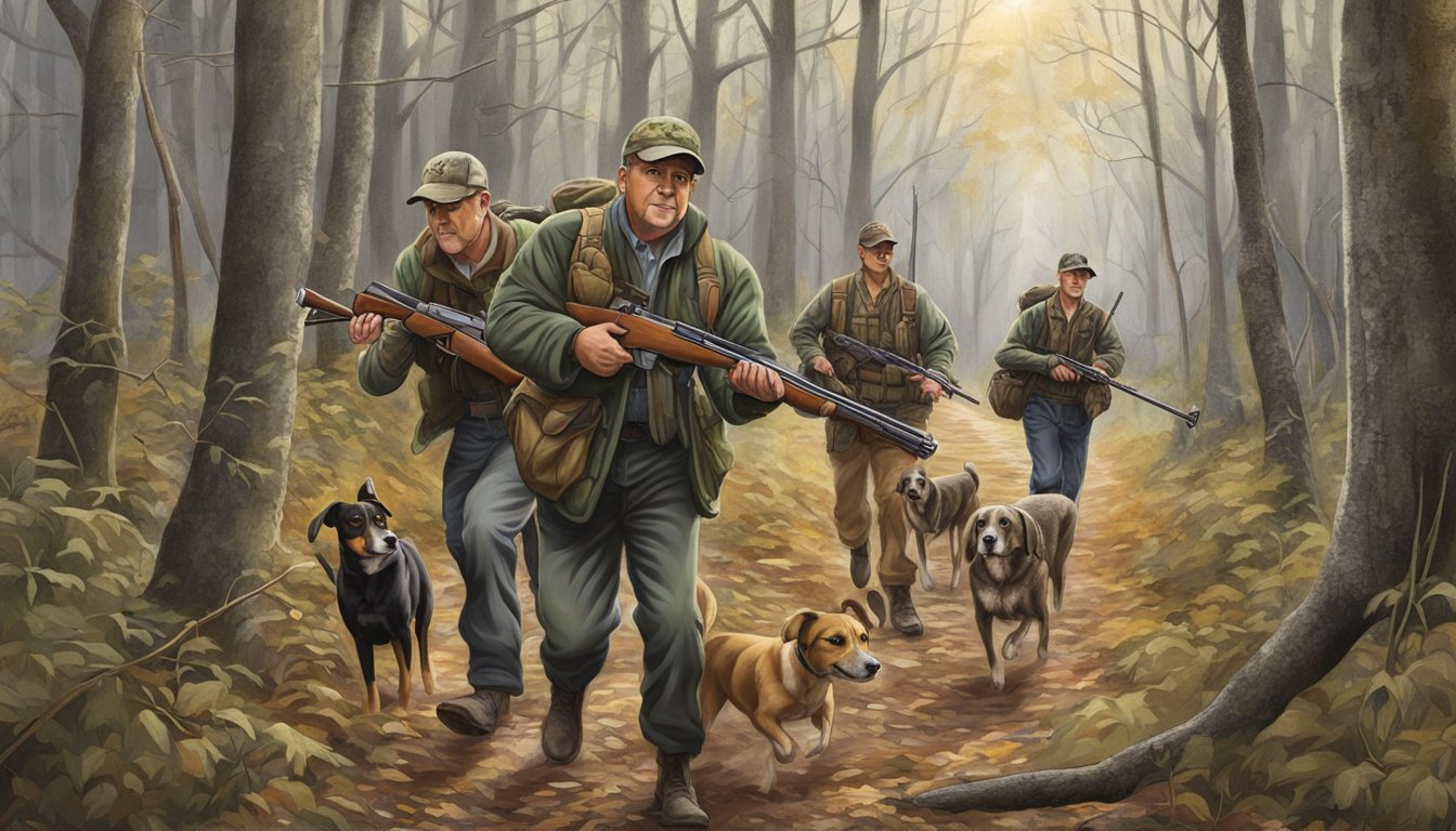 Dogs and hunters moving through a wooded area in New Jersey, with rifles and hunting gear