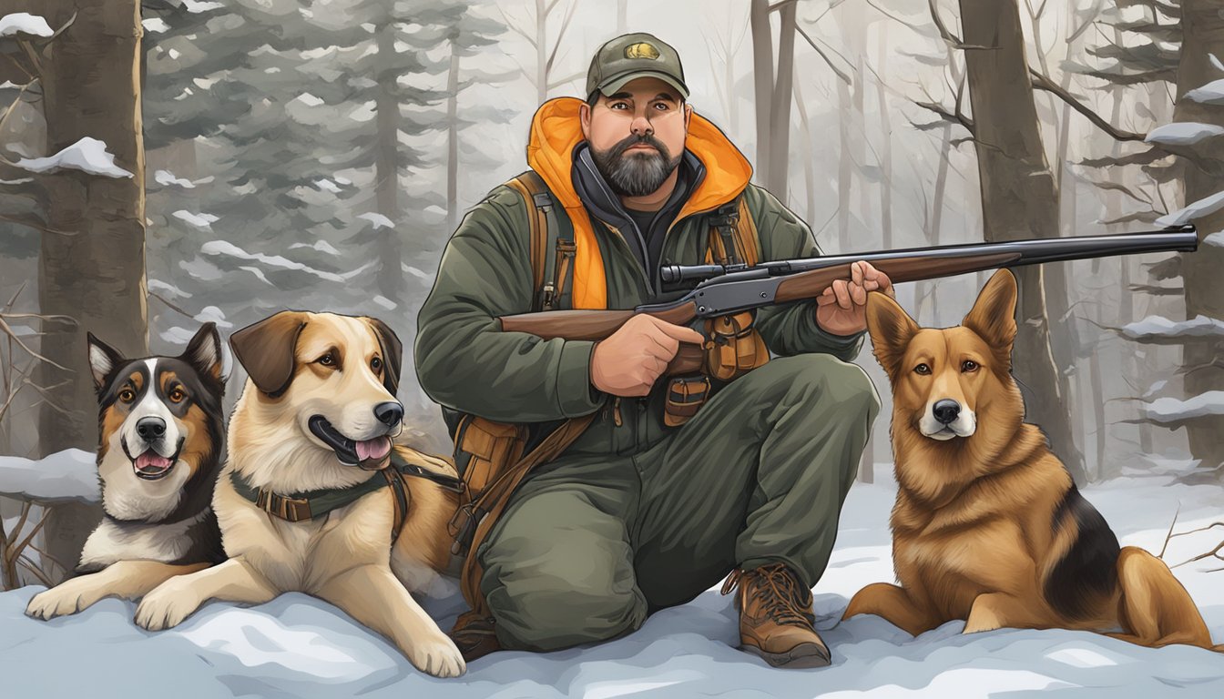 A hunter in Michigan with hunting gear and dogs