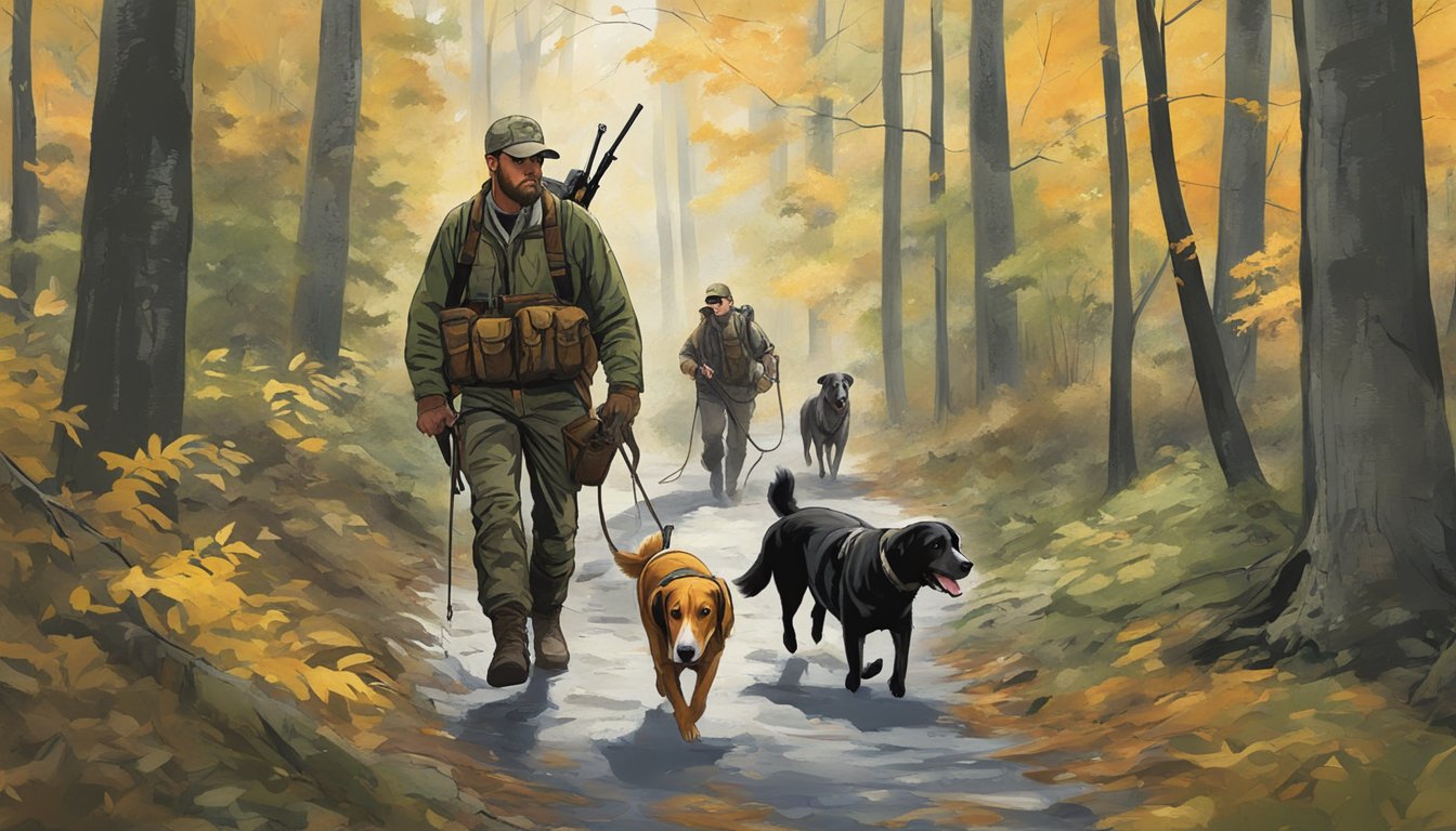 A hunter with dogs traversing a Virginia forest, following the legal framework governing hunting with dogs