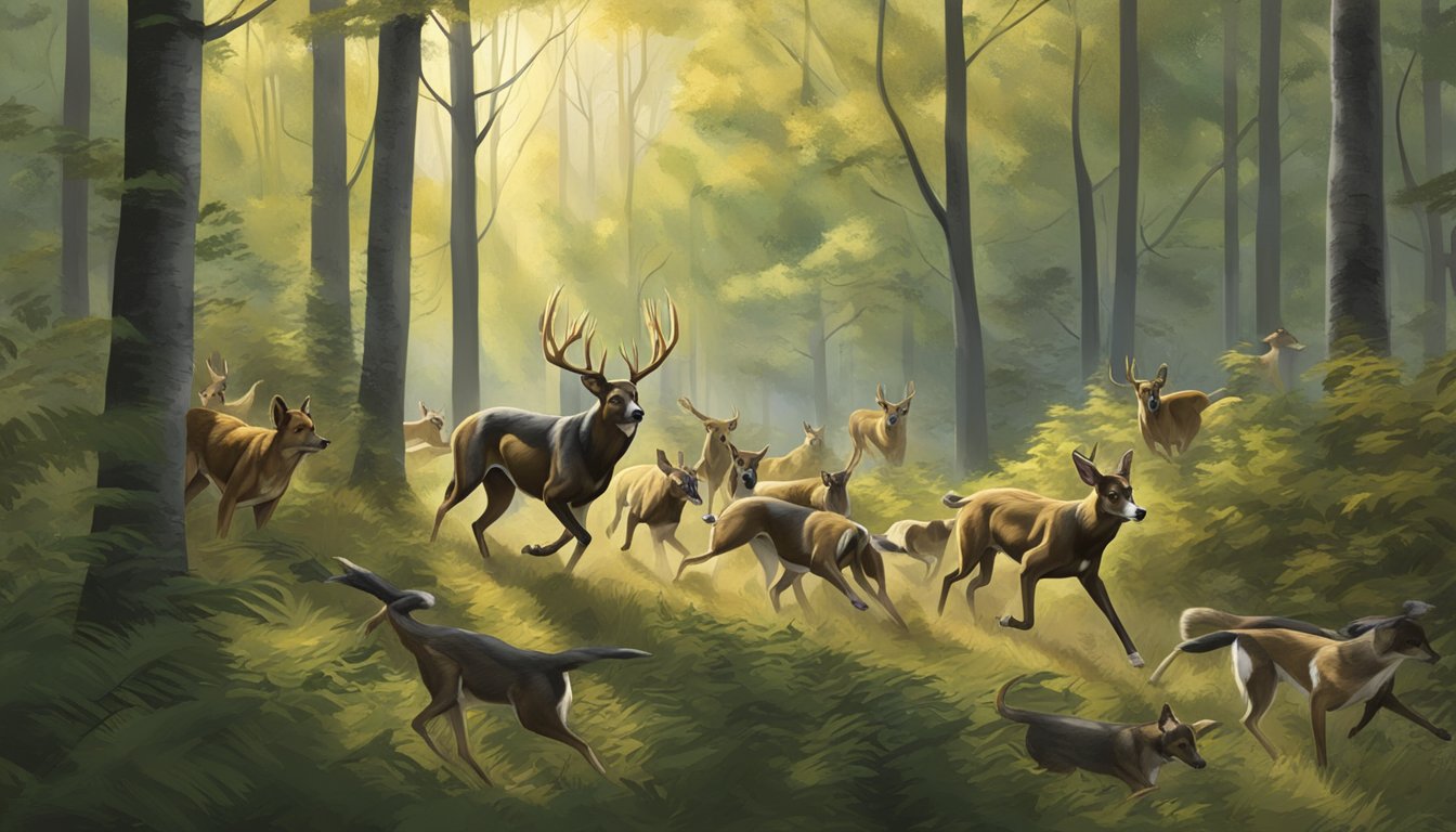 A pack of hunting dogs chasing a deer through the dense forests of New Jersey, as wildlife management and conservation efforts are underway