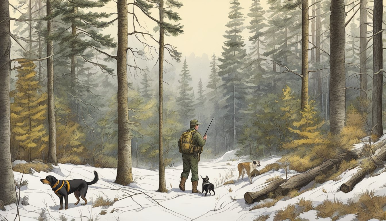 Dogs and hunters tracking game in Michigan forest