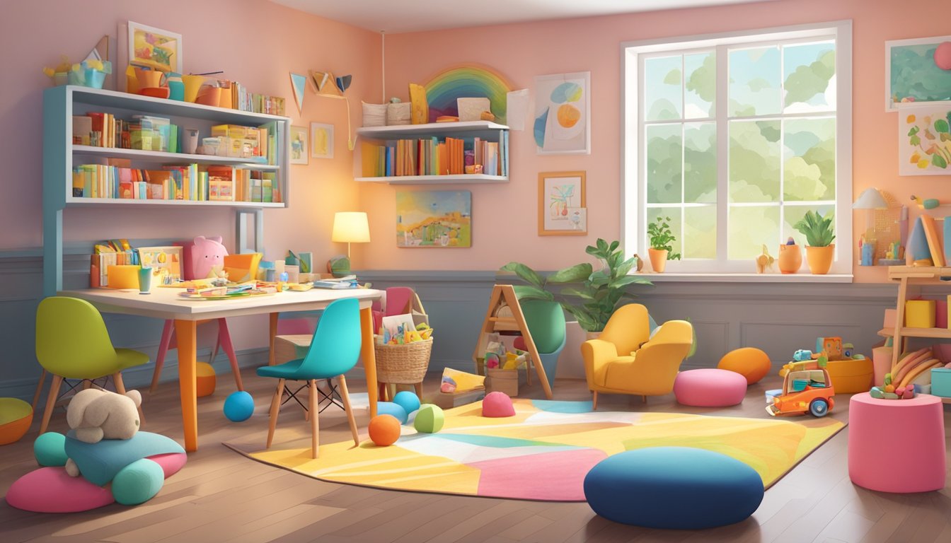 A colorful playroom with scattered toys and art supplies, a table set with snacks, and a cozy reading nook with books and pillows