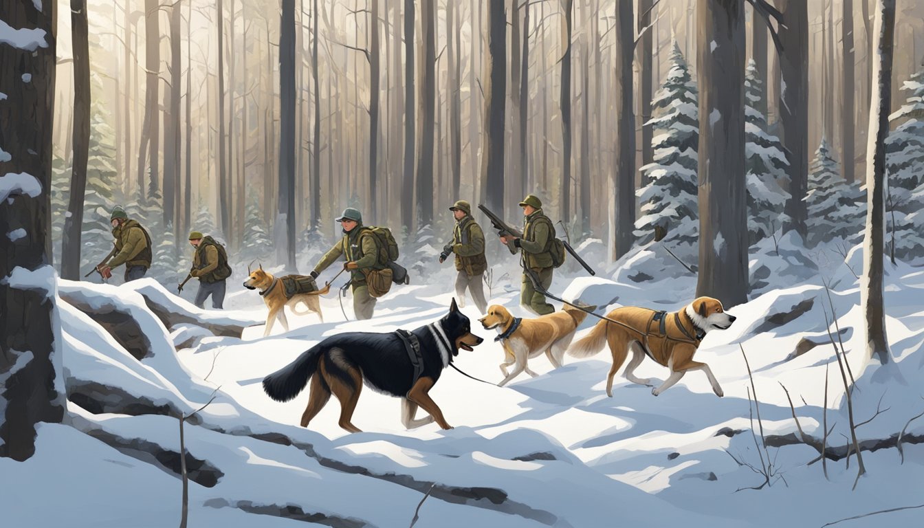 Dogs with hunters in a snowy Michigan forest, surrounded by trees and searching for community and resources