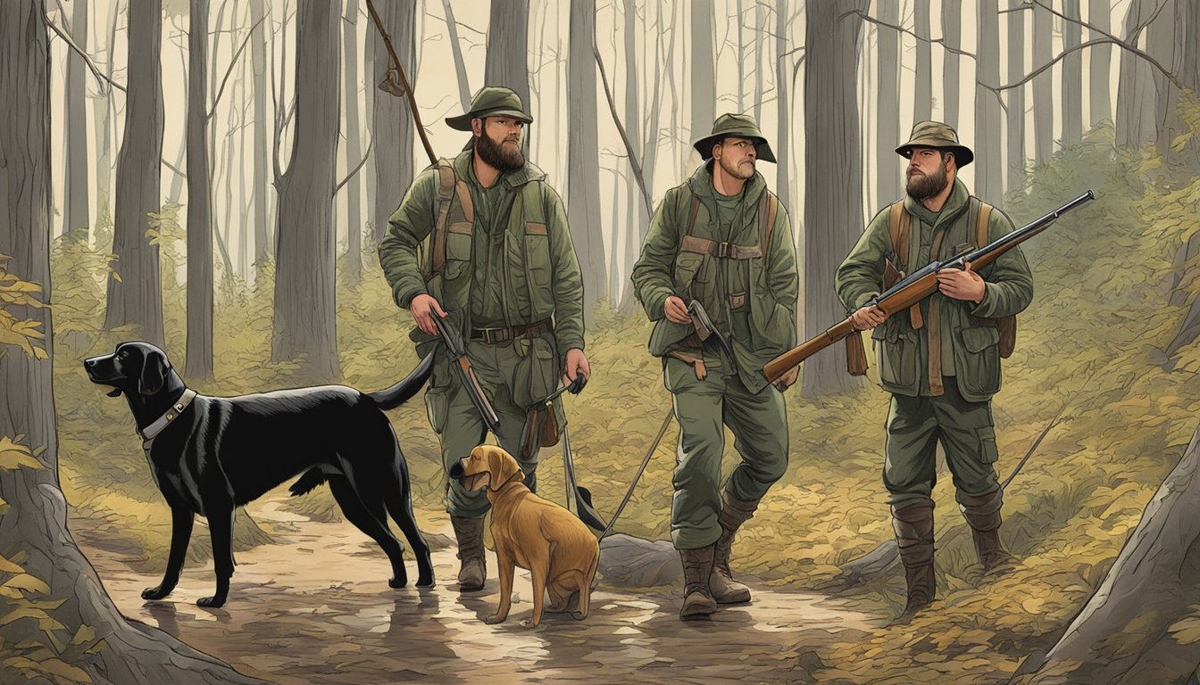 Hunters with dogs in a forest, Virginia