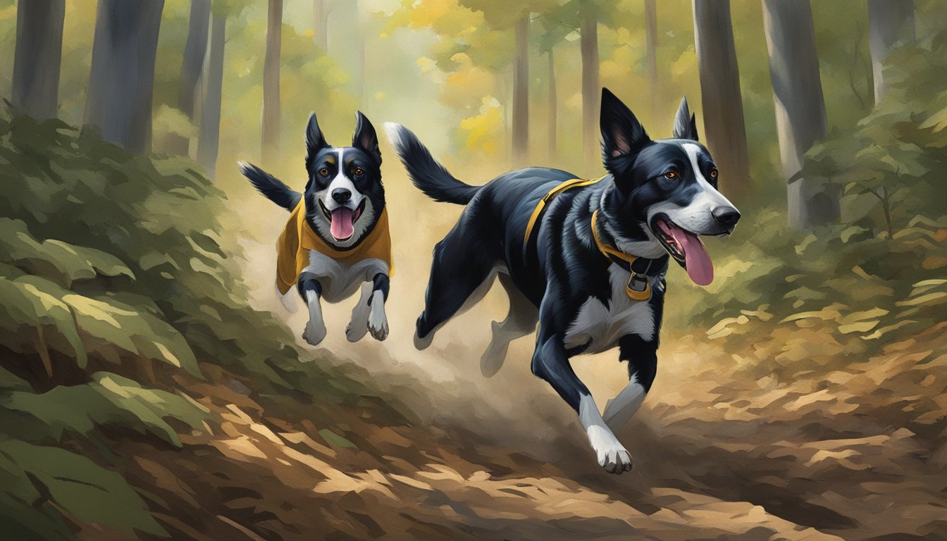 Two hunting dogs chase a fleeing animal through a dense forest in Virginia, guided by their handler