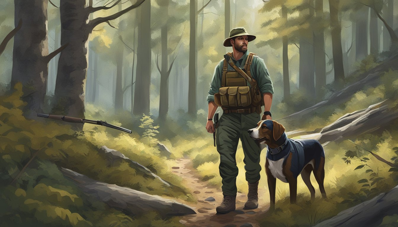 A hunter with a dog in a forest, following regulations in Missouri