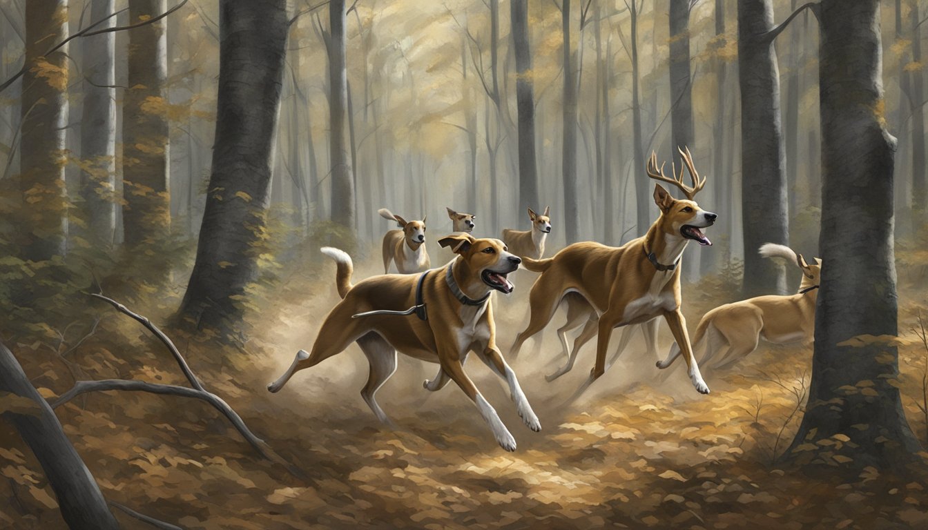 A pack of hounds chase a deer through a dense Missouri forest during hunting season