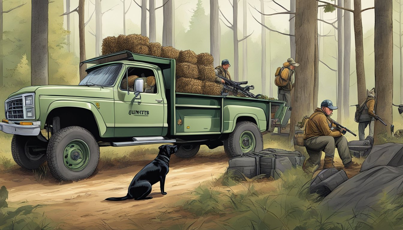 A hunter loads gear into a truck while dogs eagerly wait nearby in a wooded area of New Jersey