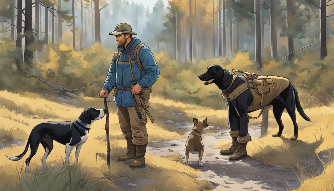 A hunter consults a map while his hunting dogs eagerly sniff the ground