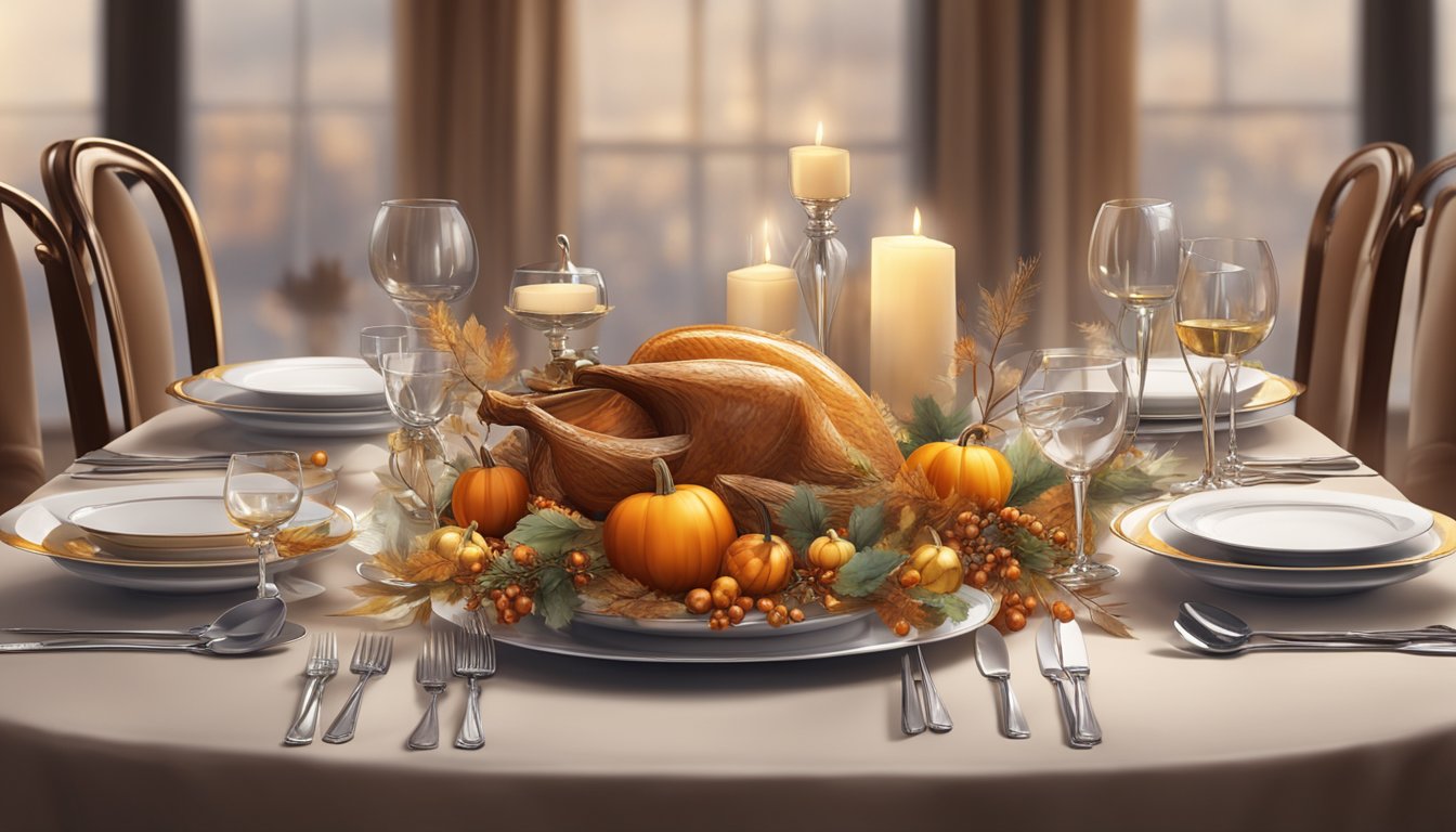 A festive table set with elegant dinnerware, glistening silverware, and autumn-themed centerpieces, ready for a lavish Thanksgiving dinner in 2022