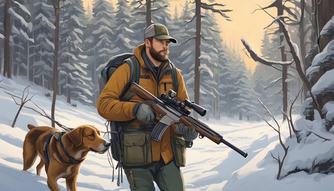 A hunter and their dog tracking through a snowy Wisconsin forest, with a rifle slung over the hunter's shoulder