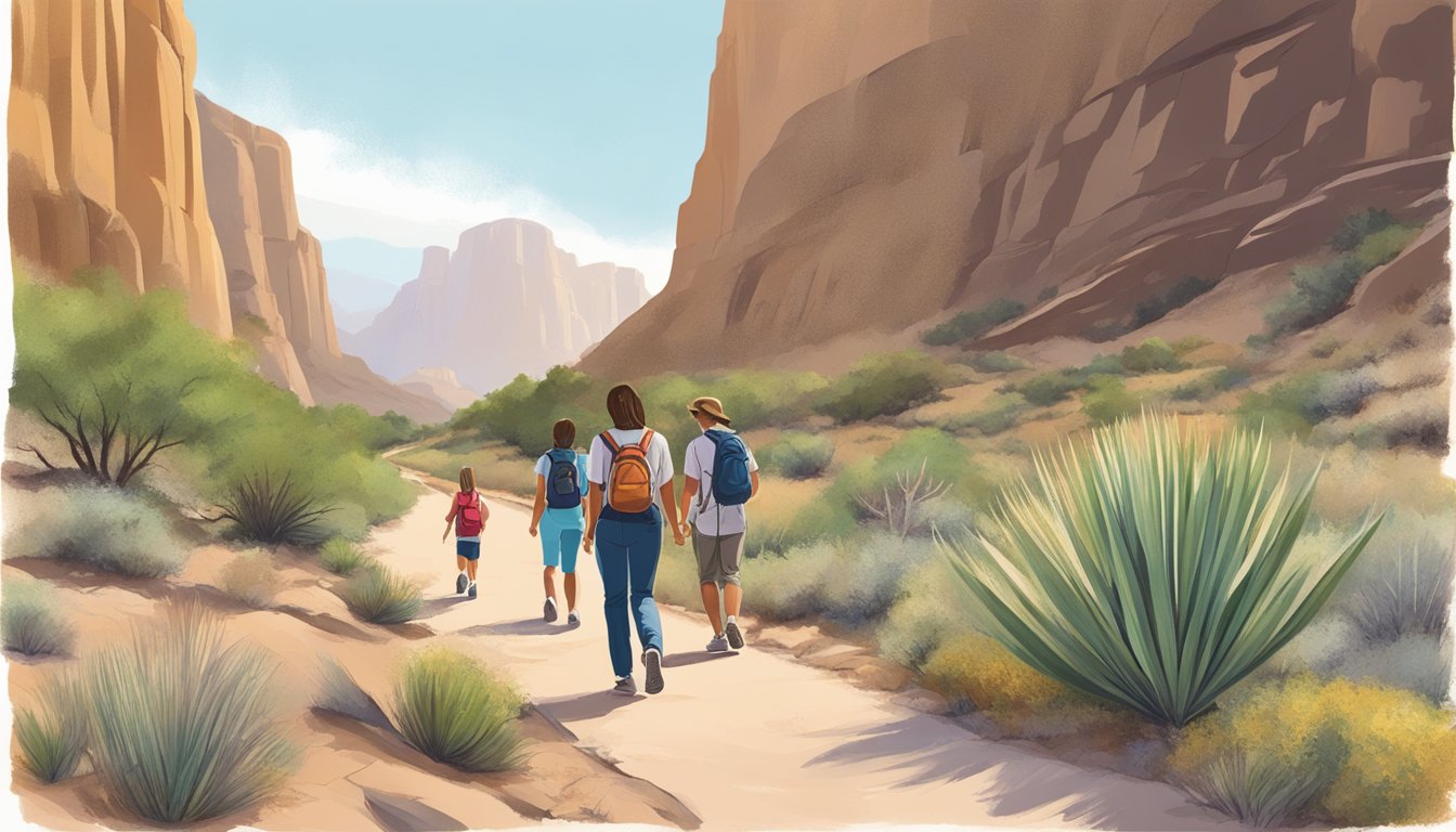 A family walks along a winding trail, surrounded by towering cliffs and vibrant desert flora in Big Bend National Park