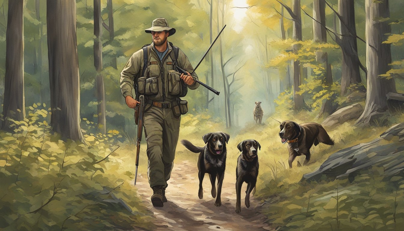 A hunter and dogs, tracking through a Missouri forest, respecting conservation and ethical hunting practices