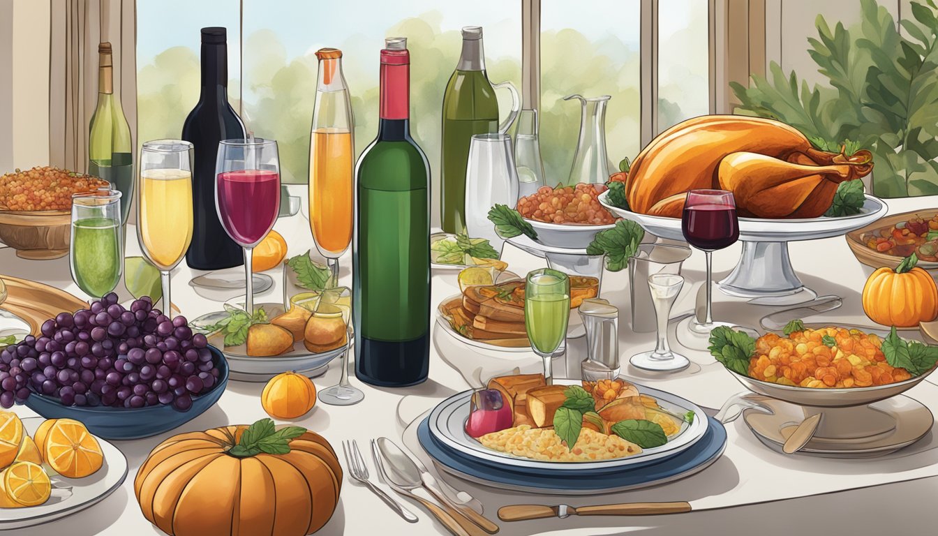 A table set with an array of beverages - wine, cocktails, and mocktails - alongside traditional Thanksgiving dishes