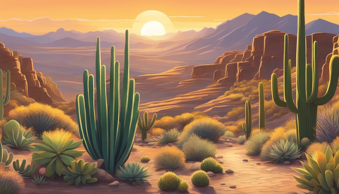 A winding trail leads through rugged desert terrain, bordered by towering cliffs and vibrant cacti. The sun sets behind distant mountains, casting a warm glow over the vast landscape