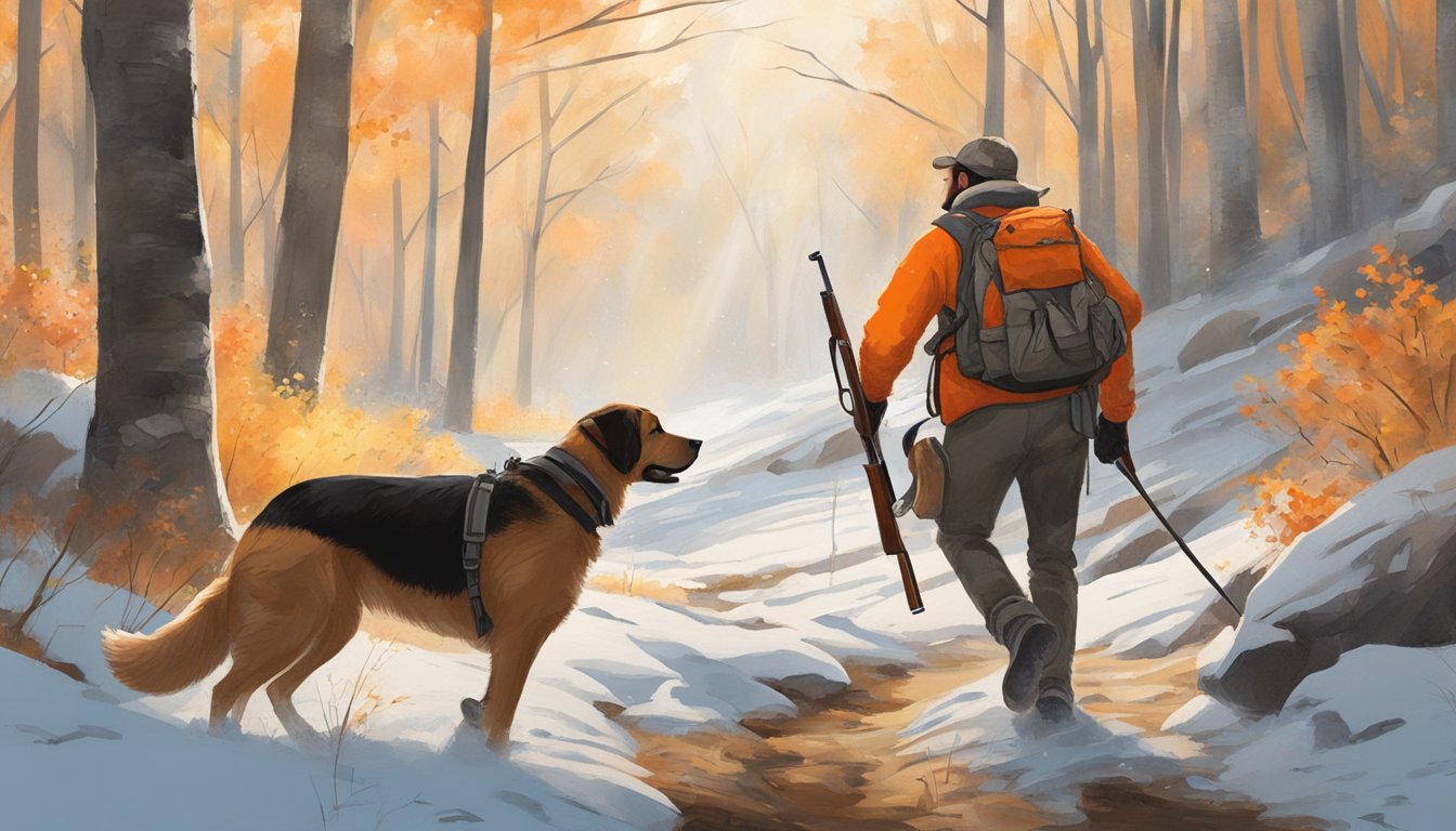 A hunter and their dog trek through a wooded area, both wearing bright orange vests. The dog eagerly sniffs the ground, while the hunter carries a shotgun and observes their surroundings