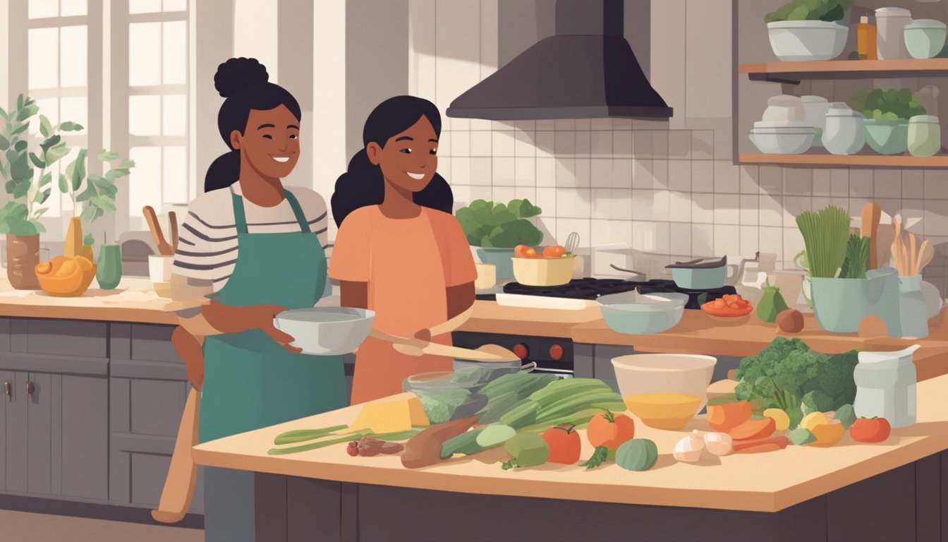 A parent and child stand side by side at a kitchen counter, surrounded by various cooking ingredients and utensils. They are engaged in preparing a meal together, with a sense of focus and collaboration