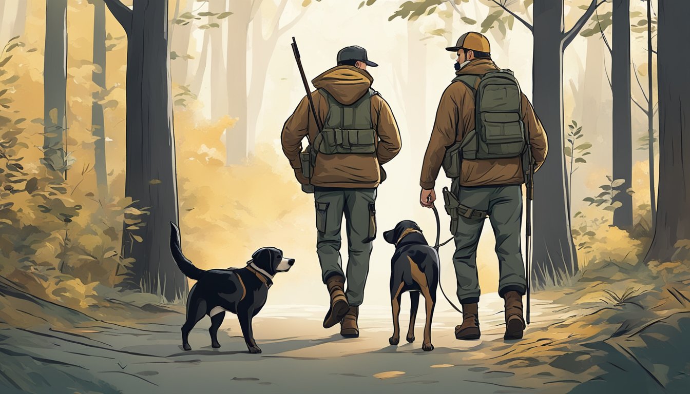 A hunter walking through a wooded area with a loyal dog by their side, both focused on the hunt