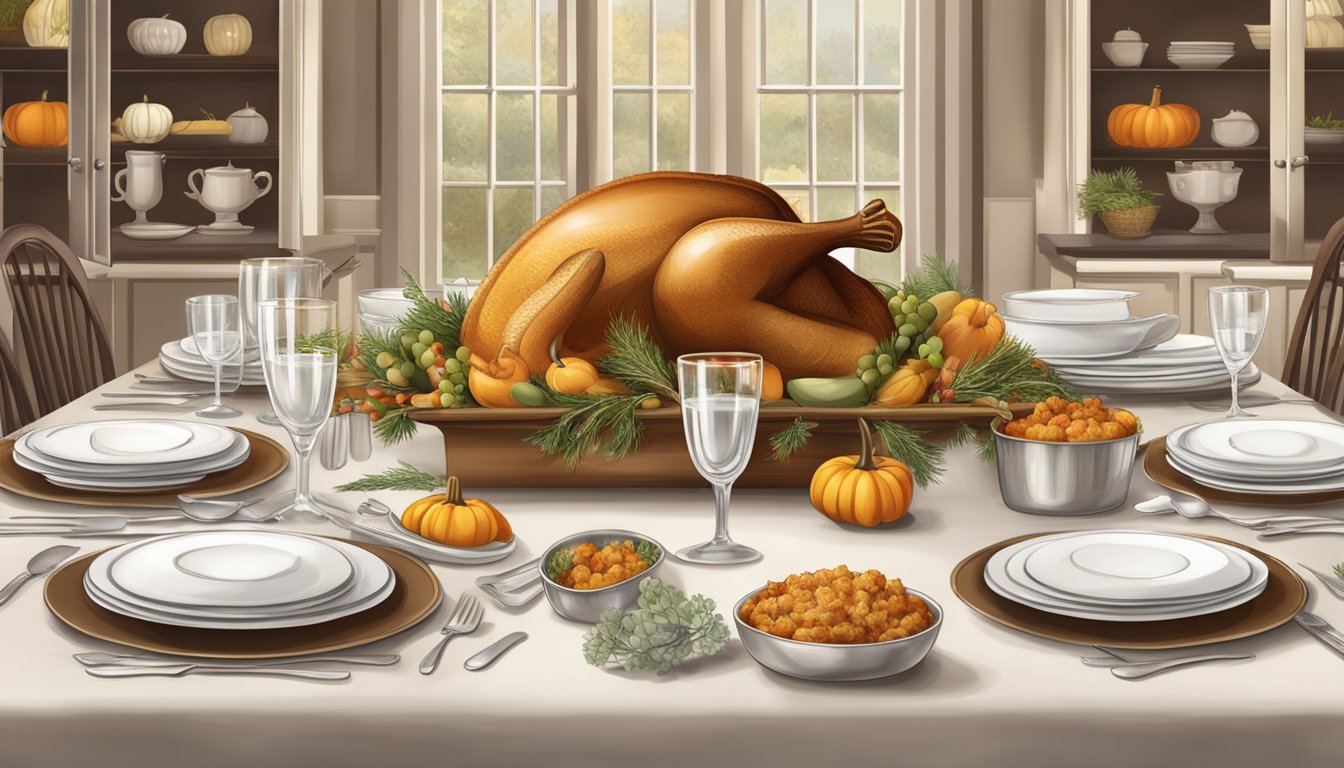 A beautifully set Thanksgiving table with personalized place settings, elegant centerpieces, and traditional family recipes displayed on the table