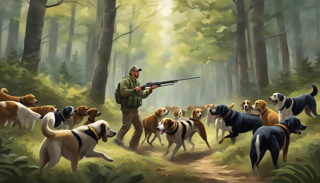 A dog trainer in Wisconsin commands a pack of hunting dogs through a dense forest