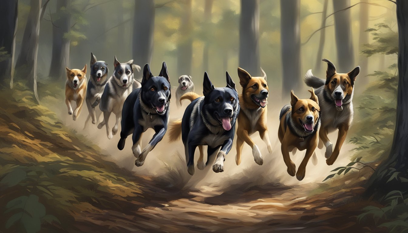 A pack of hunting dogs running through a dense forest in North Carolina, following the scent of their prey