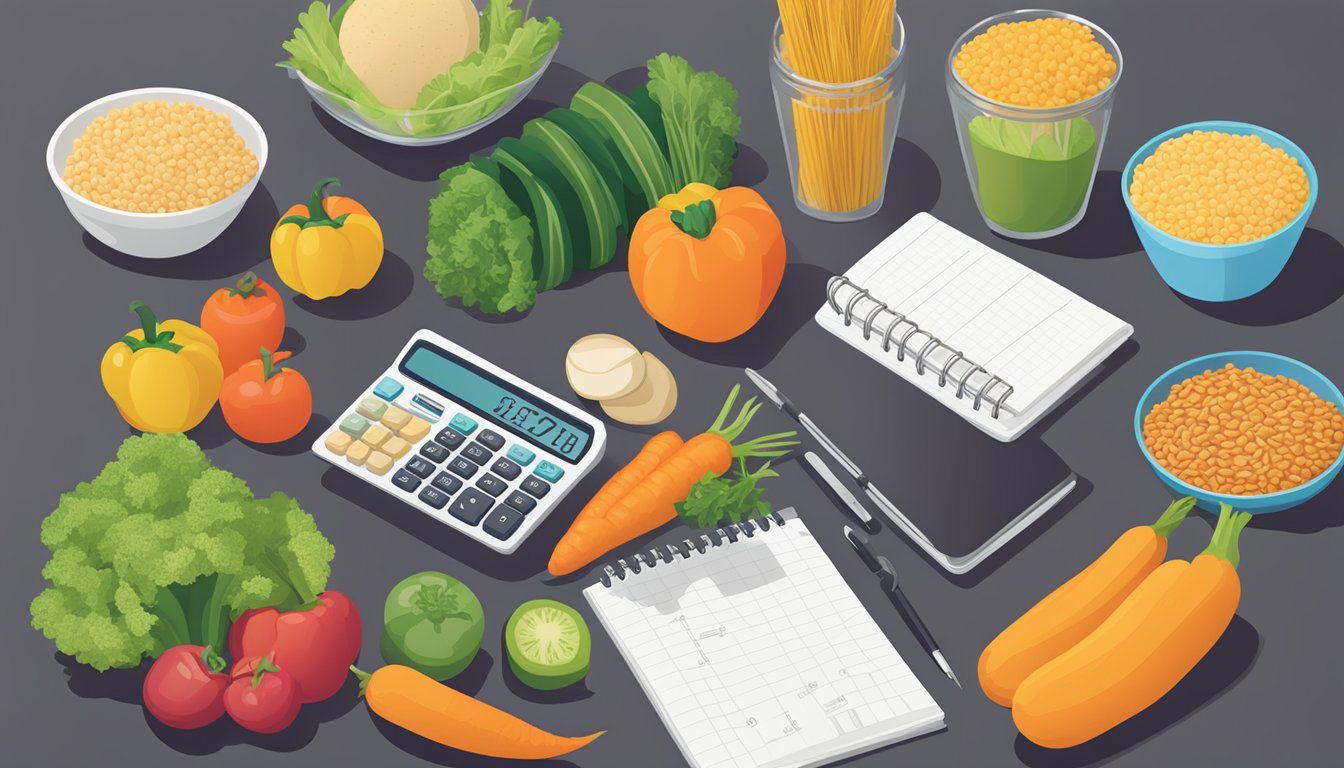 A colorful array of affordable food items arranged on a table, including vegetables, grains, and proteins, with a calculator and budgeting notebook nearby