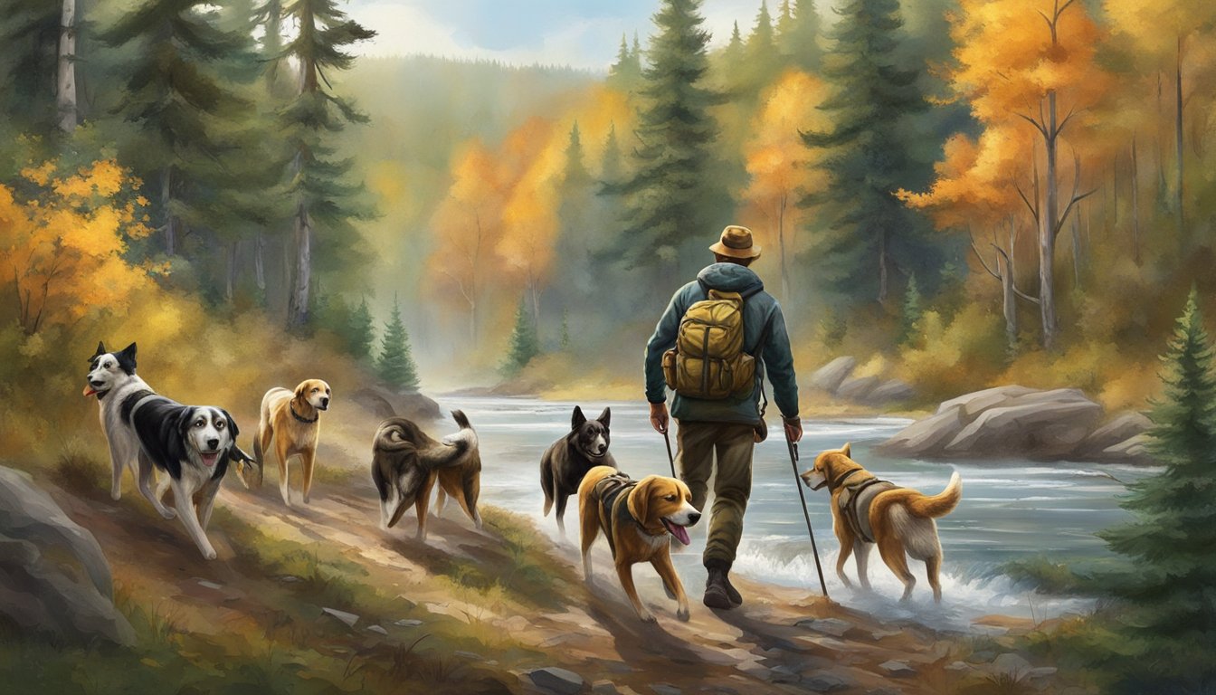 A hunter with a rifle and a pack of hunting dogs trek through the Wisconsin wilderness, surrounded by dense forests and wildlife