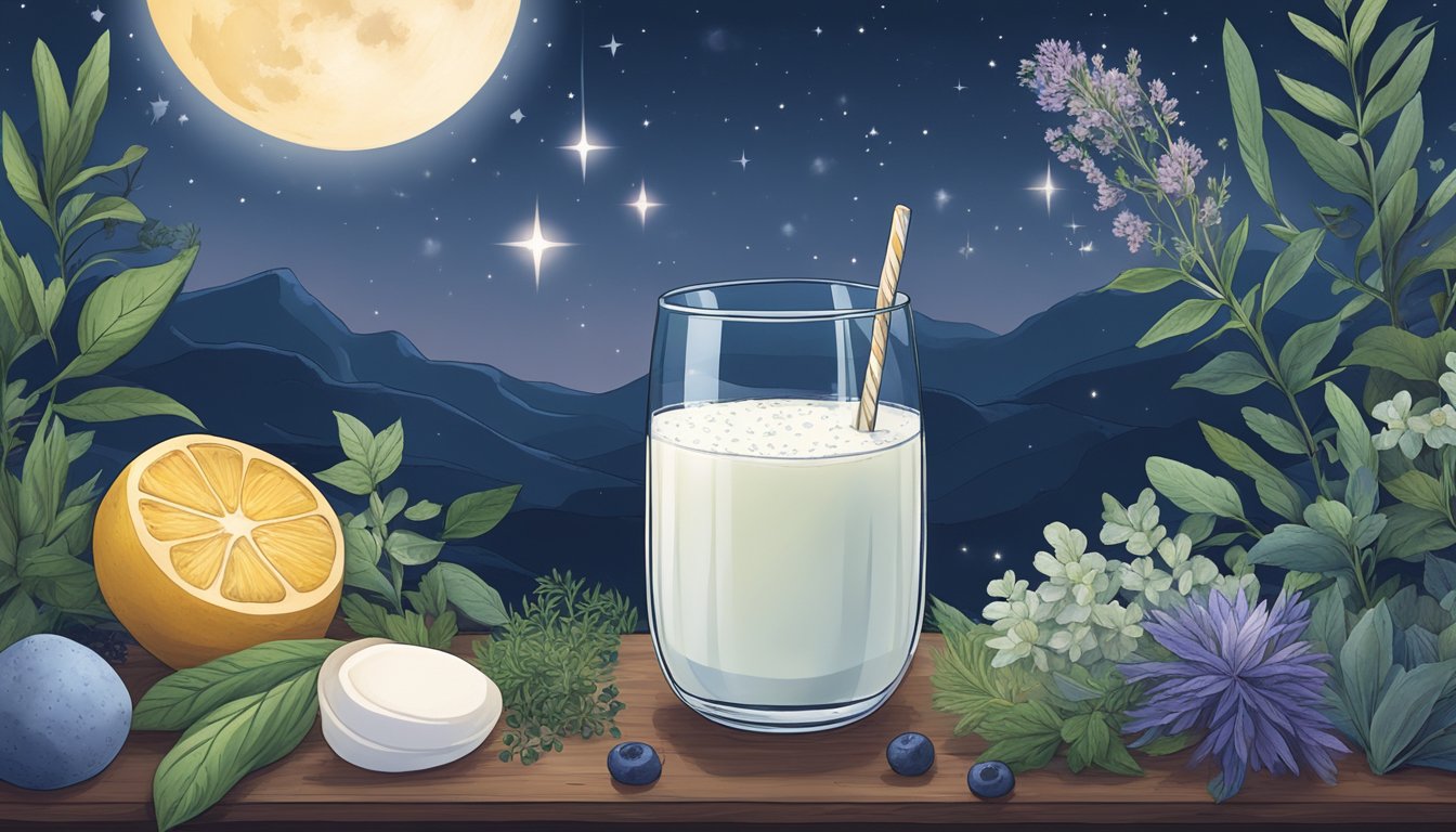 A serene night sky with a full moon shining down on a glass of moon milk surrounded by various adaptogenic herbs and ingredients