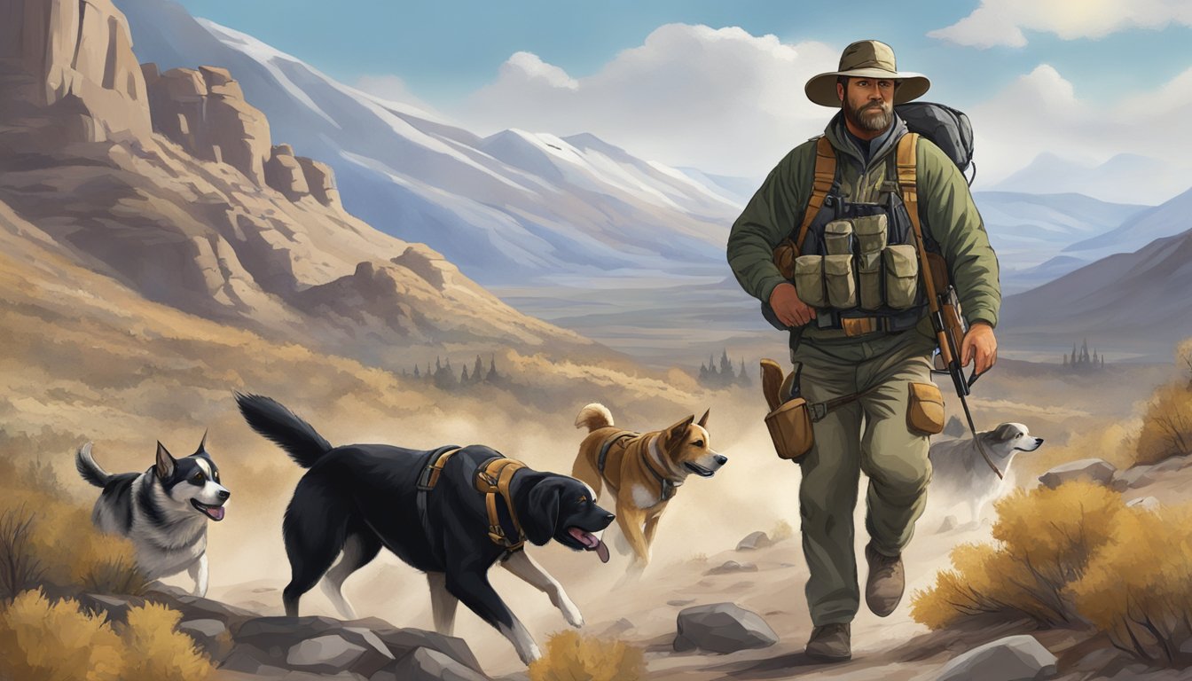 A hunter with dogs tracking through the Nevada wilderness under the legal framework for hunting