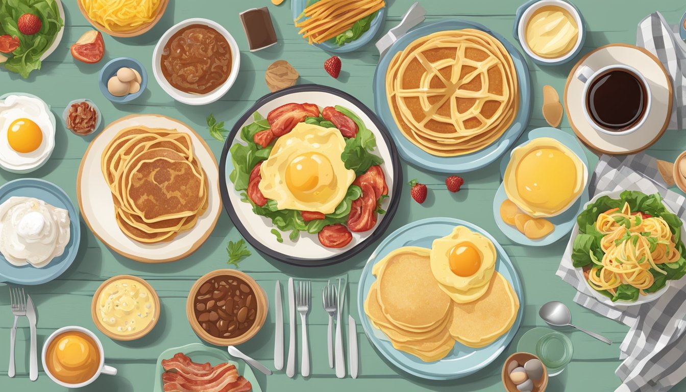 A table set with breakfast foods like pancakes, eggs, and bacon, alongside dinner items like pasta and salad