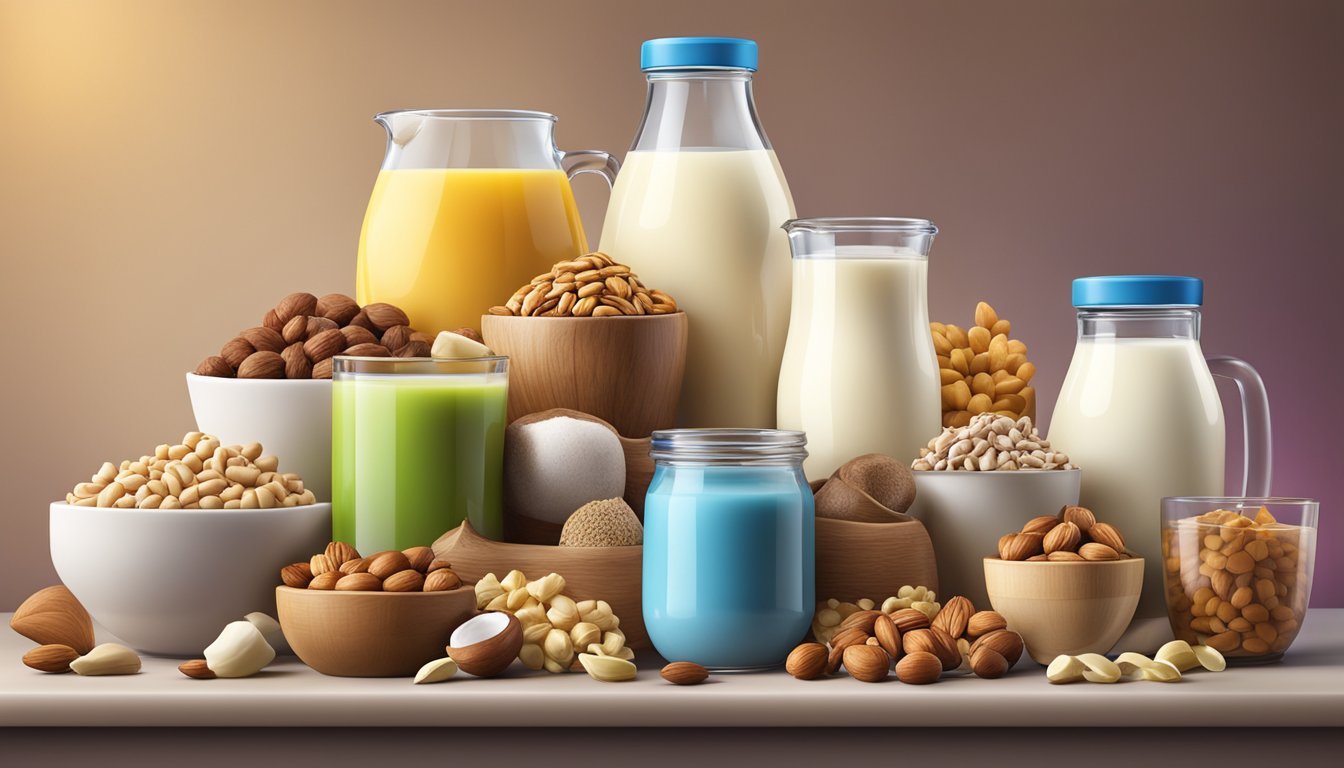 A variety of nuts and dairy products arranged in a colorful display, with a focus on milk and its nutritional benefits