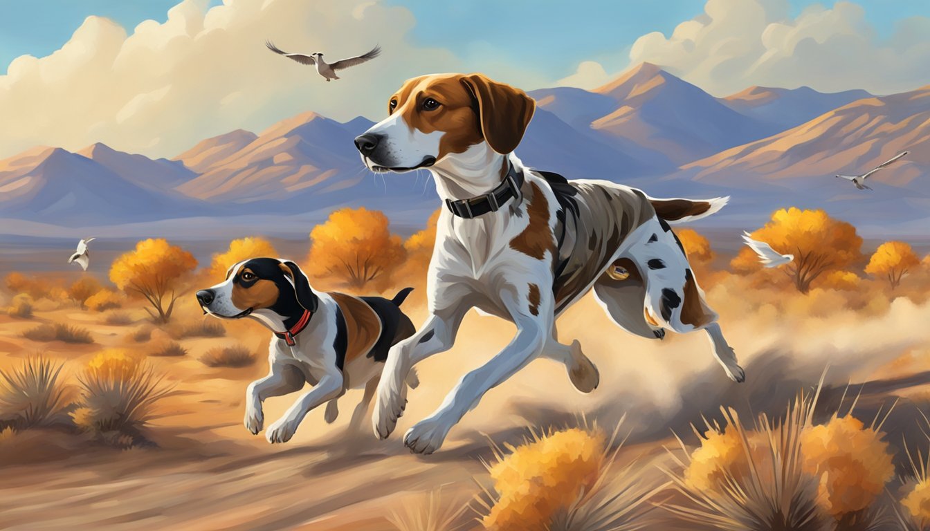 Hunting dogs chase a quail through the Nevada desert in the autumn