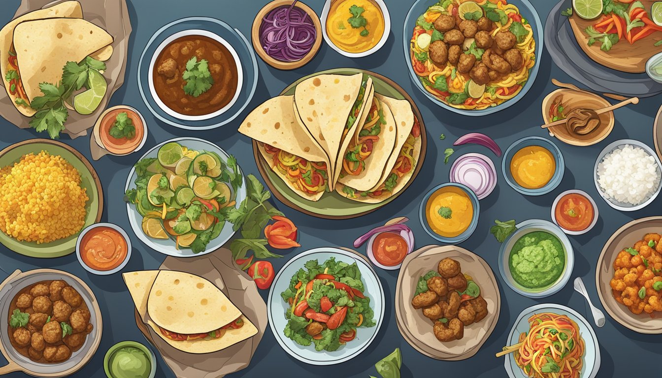 A colorful array of global dishes, including tacos, stir-fry, and curry, displayed on a table with budget-friendly ingredients