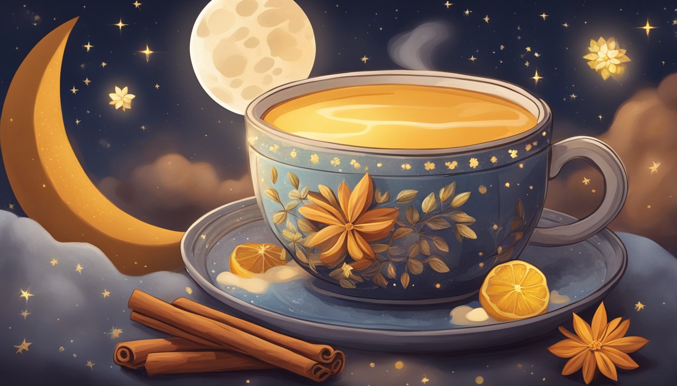 A cozy nighttime scene with a steaming cup of moon milk surrounded by ingredients like turmeric, honey, and cinnamon. A serene moon shines in the sky above