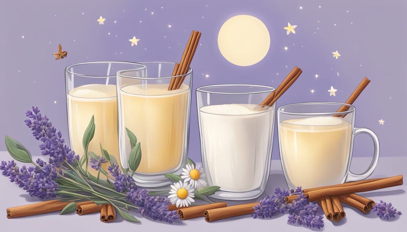 A peaceful evening scene with three glasses of moon milk surrounded by calming elements such as lavender, chamomile, and cinnamon sticks