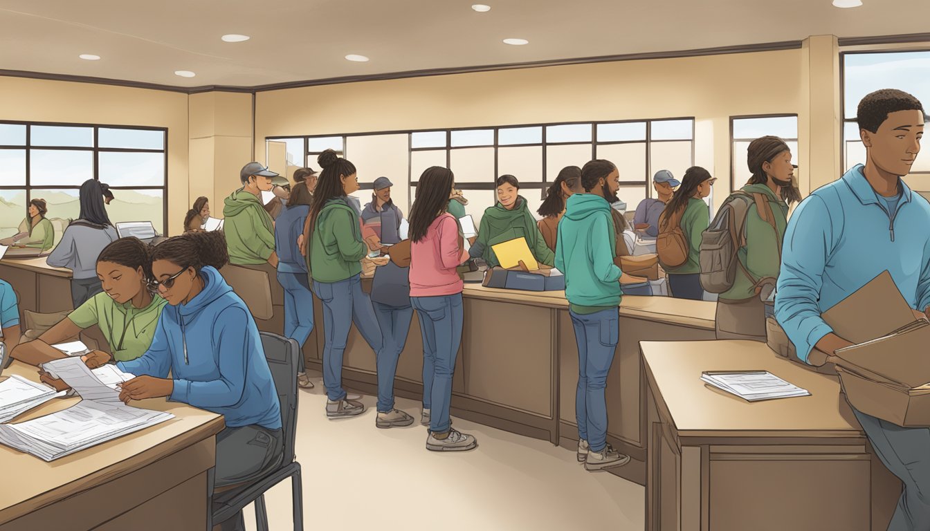 A group of students gather at a registration desk, filling out forms and receiving information packets for their hunter education course in Arizona