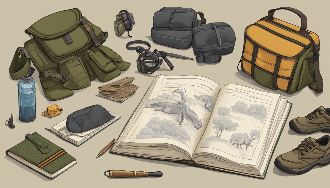 A hunter safety course manual surrounded by hunting gear and wildlife illustrations