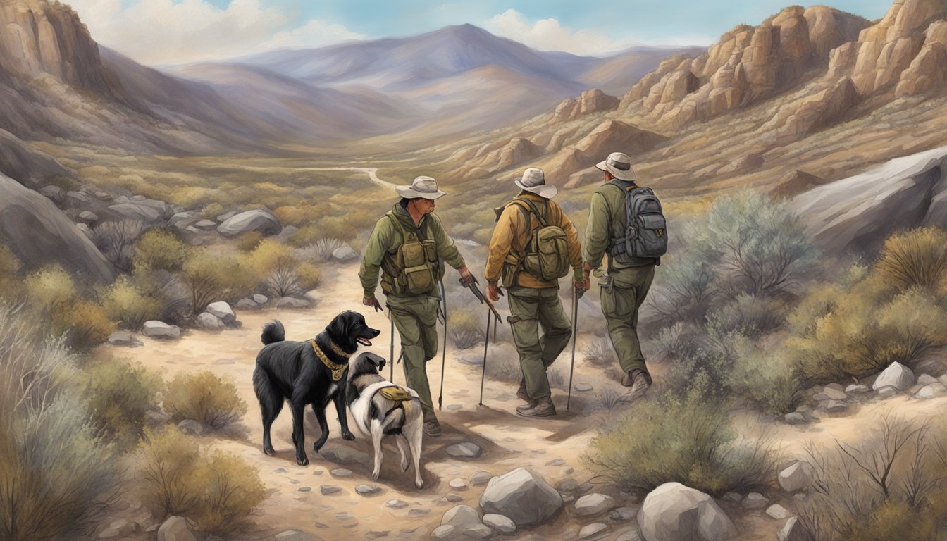 Hunters with dogs navigating through Nevada's rugged terrain, checking traps for compliance with state hunting regulations